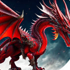 Majestic red dragon with intricate scales and wings in moonlit landscape