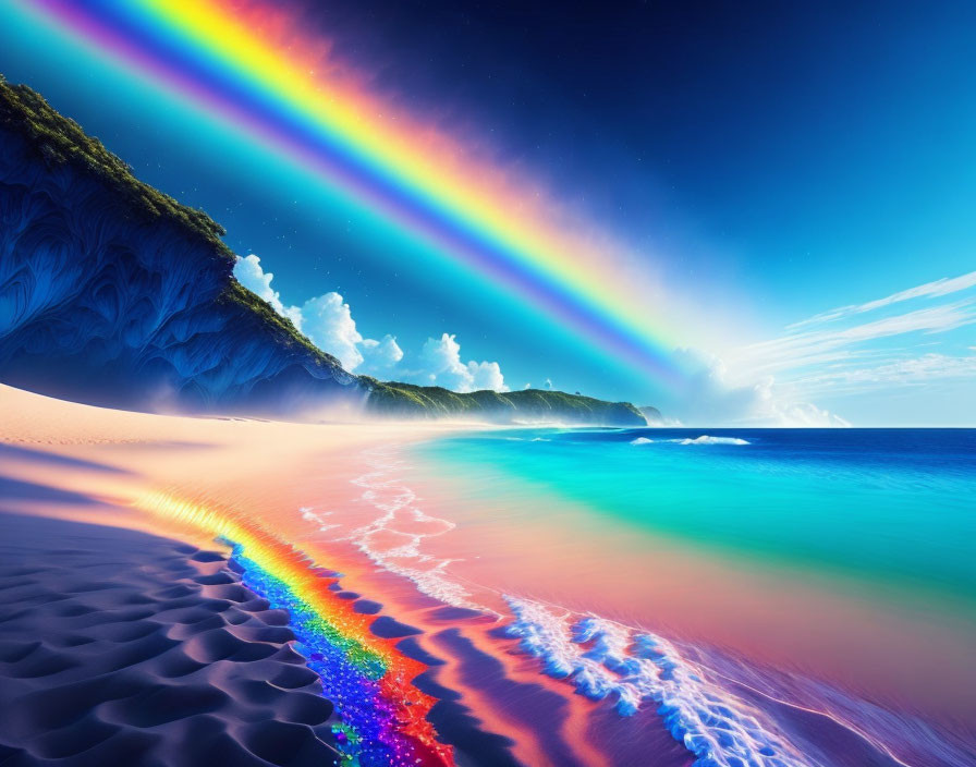 Colorful Rainbow Arcs Over Tropical Beach with Blue Waters and Sunlit Sand Ripples