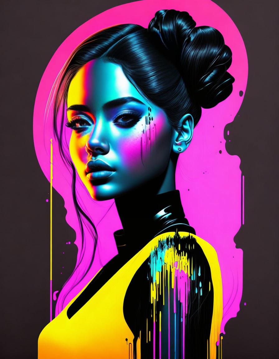 Colorful digital artwork: Woman with sleek bun, neon pink and yellow accents on dark background