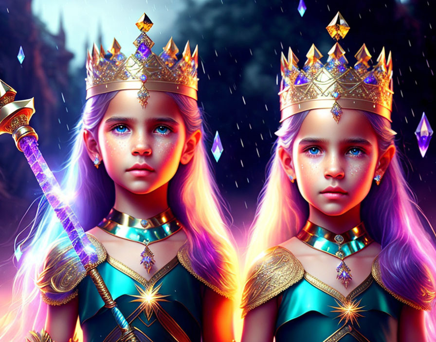 Twin girls in crowns and armor with glowing sword in magical forest