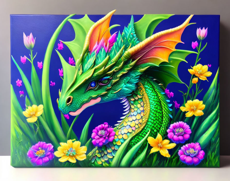 Colorful Dragon Painting Among Purple, Yellow, and Pink Flowers
