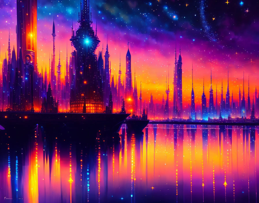 Futuristic cityscape digital artwork with neon-lit spires and starry night sky
