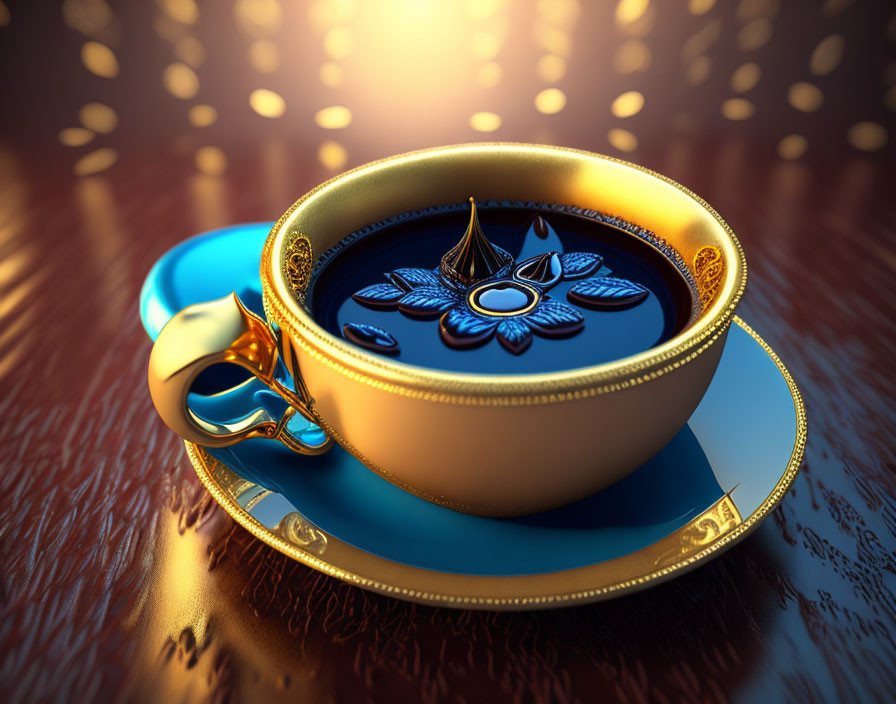 Ornate blue and gold teacup on polished wooden surface