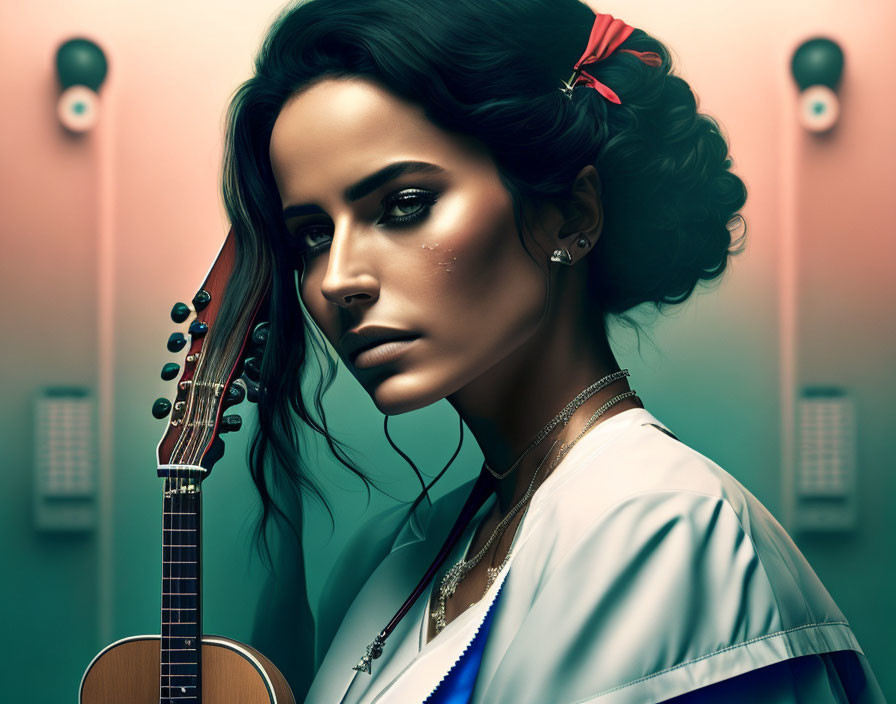 Dark-Haired Woman with Guitar and Red Bow, White Jacket and Speakers Background