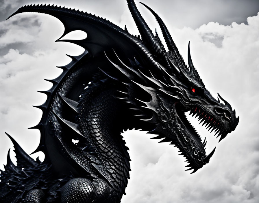 Black dragon with red eyes and sharp spines in cloudy sky