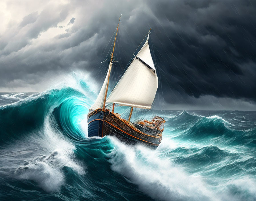 Sailboat navigating stormy sea waves under dramatic sky