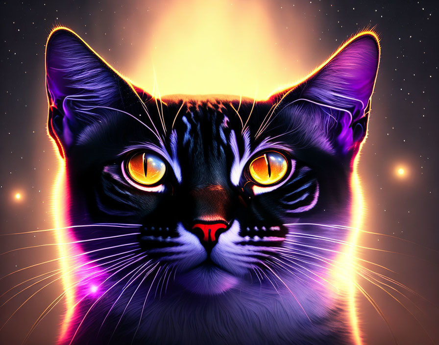 Colorful digital artwork: Cat with orange eyes, neon outlines, starry night backdrop.