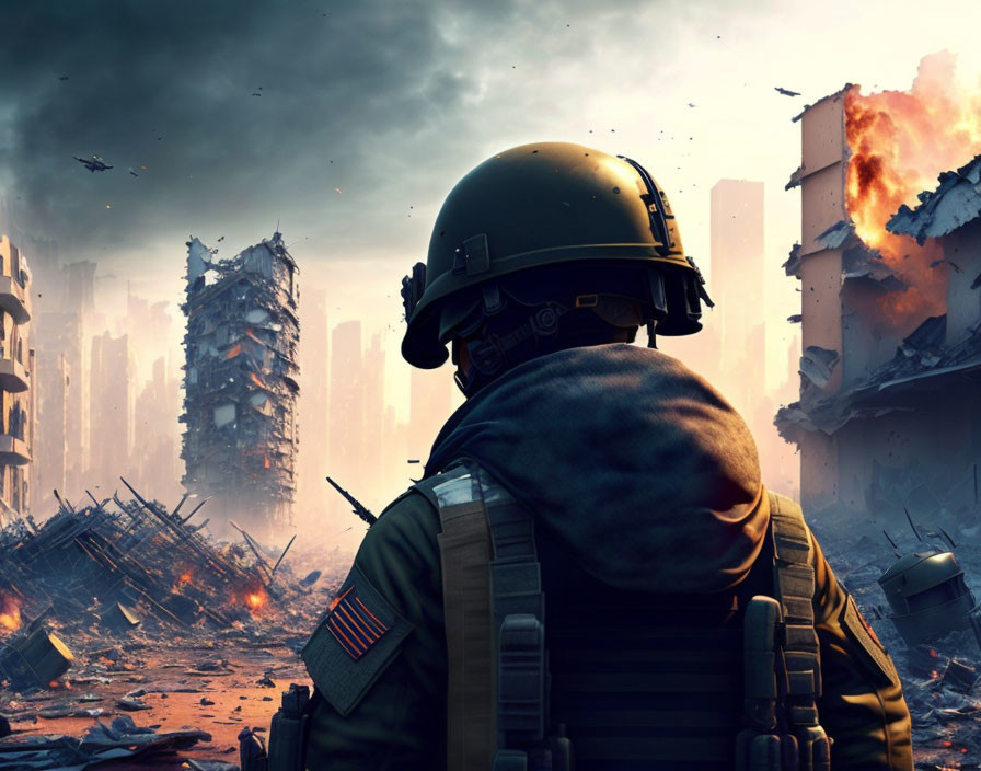 Soldier in helmet gazes at destroyed cityscape with flaming debris