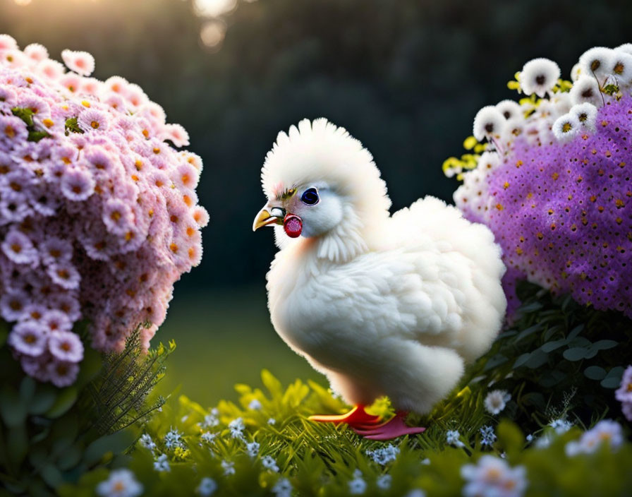 White Chicken Surrounded by Colorful Flowers in Sunlight