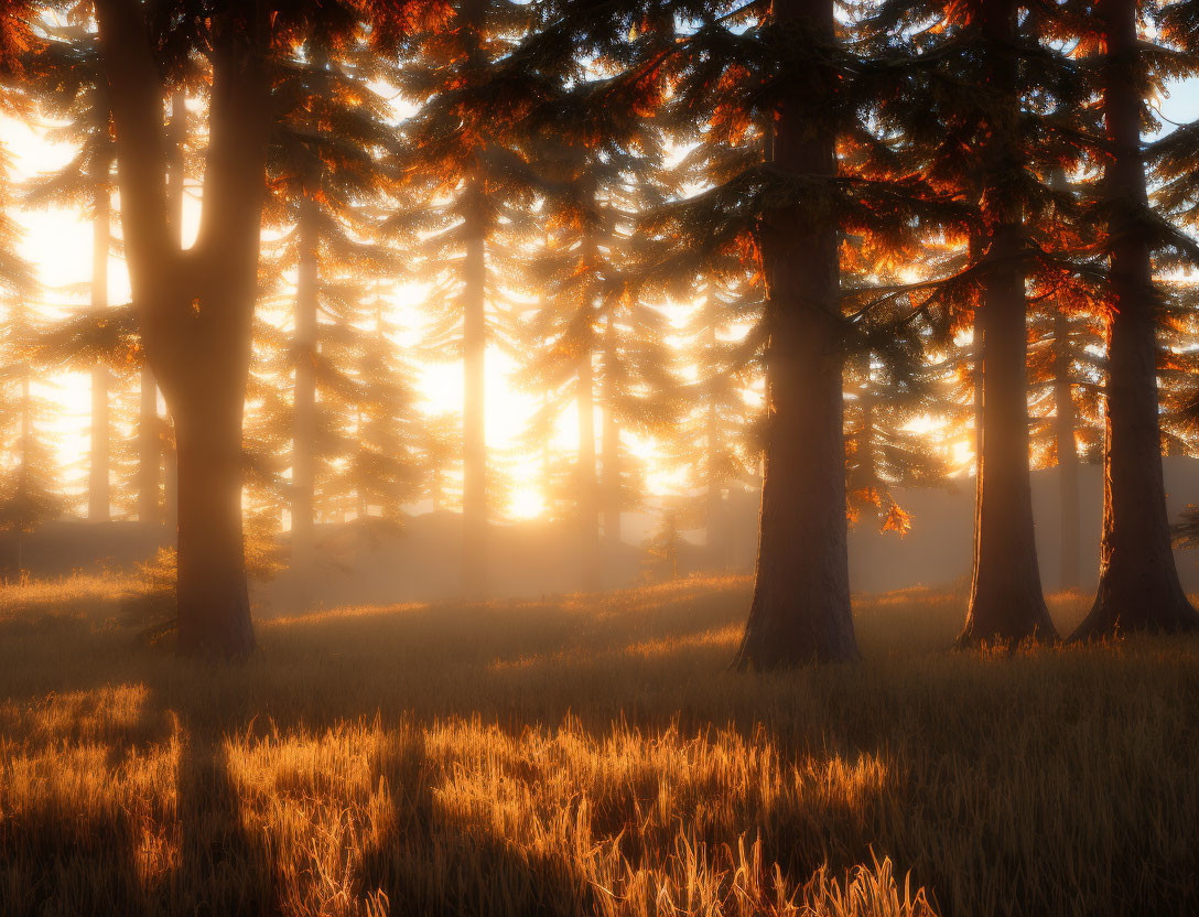 Tranquil sunrise in forest with warm sunlight on grass and trees