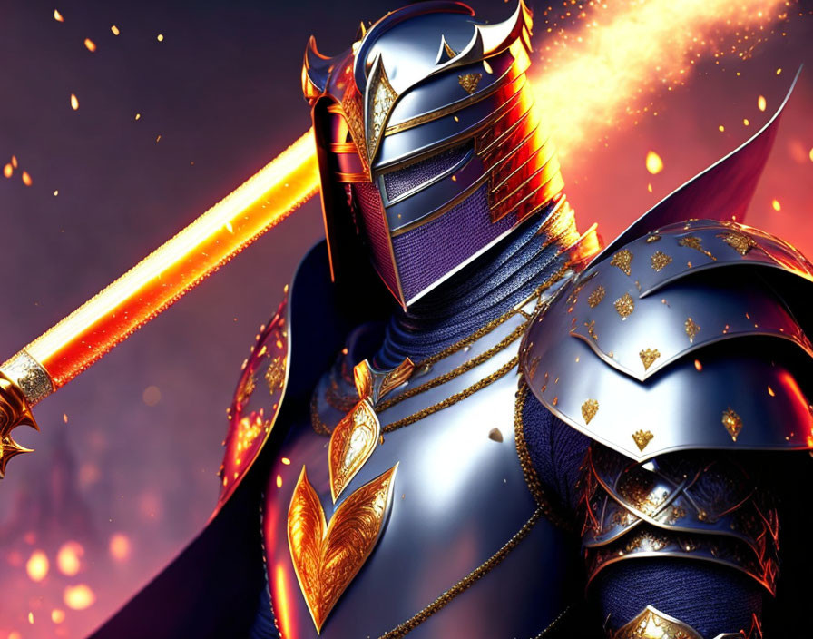 Ornate blue and gold knight with glowing sword in heroic pose