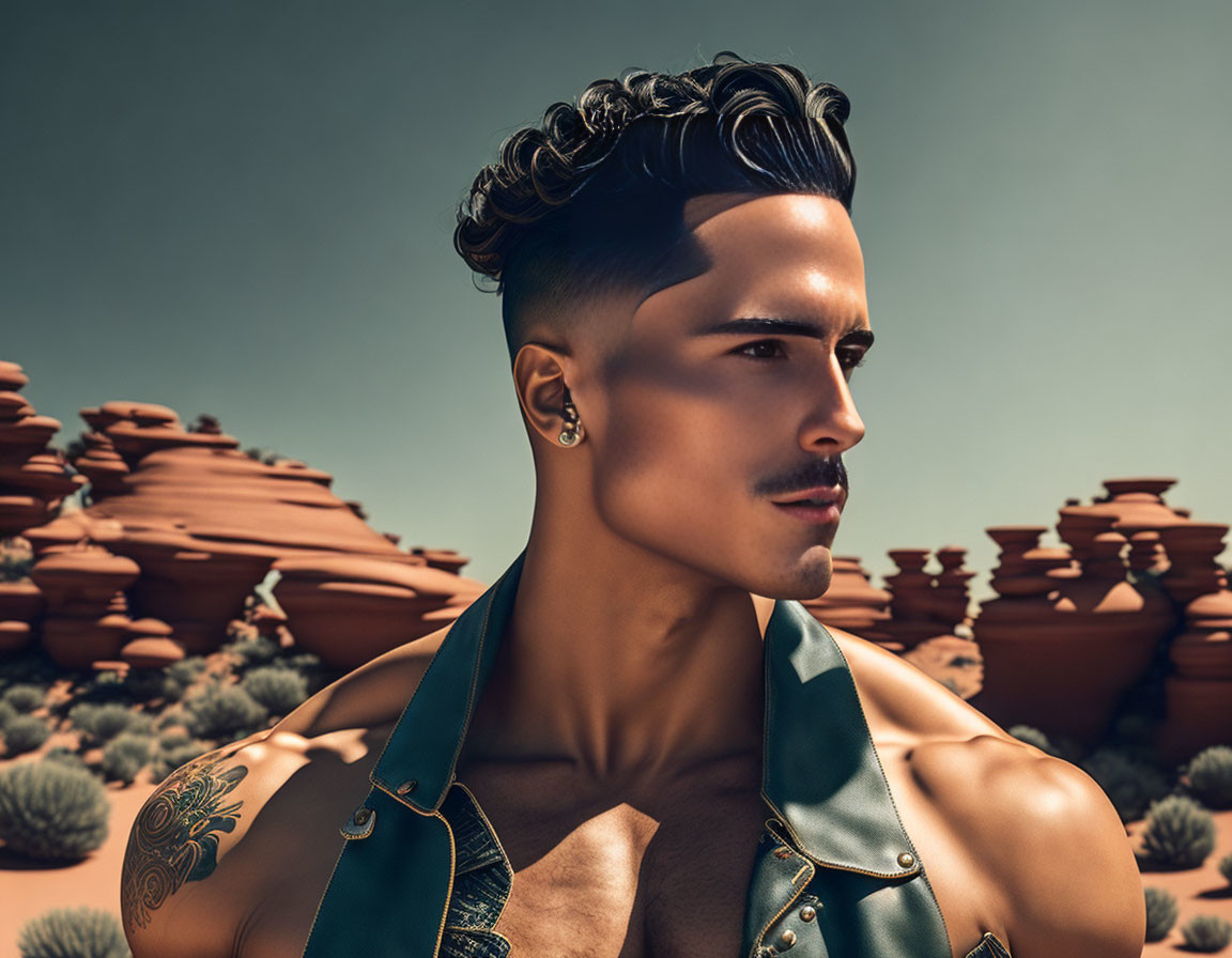Sculpted haircut and sleeve tattoo on stylish man in desert setting