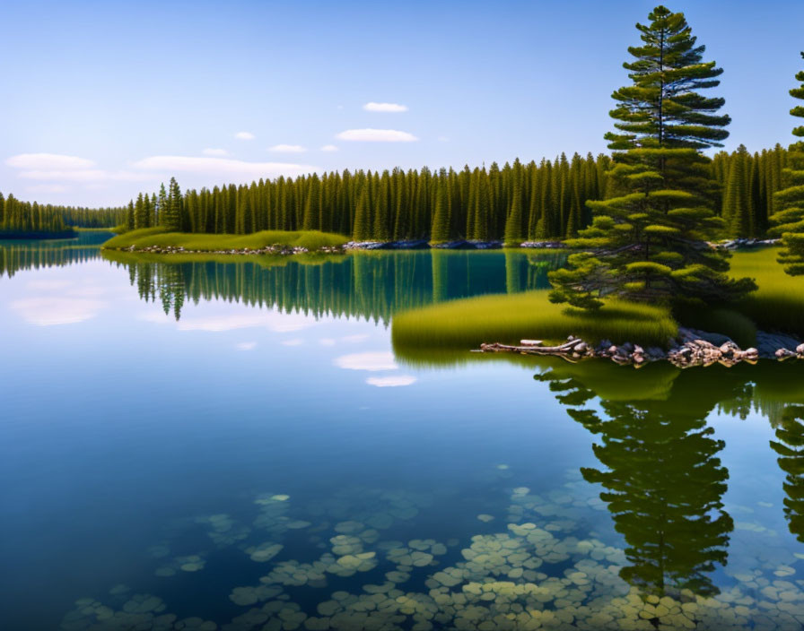 Serene lake scene with pine tree reflections and lily pads