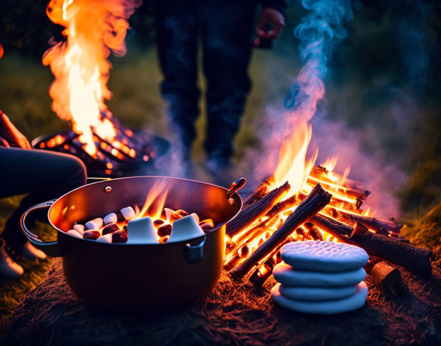 Campfire scene with s'mores ingredients and roasting marshmallows
