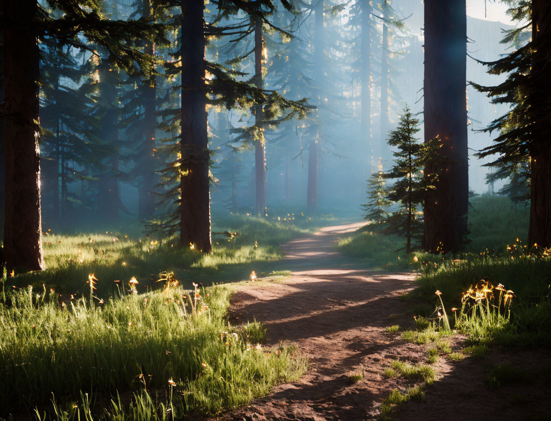 Tranquil Forest Path with Sunbeams and Mist