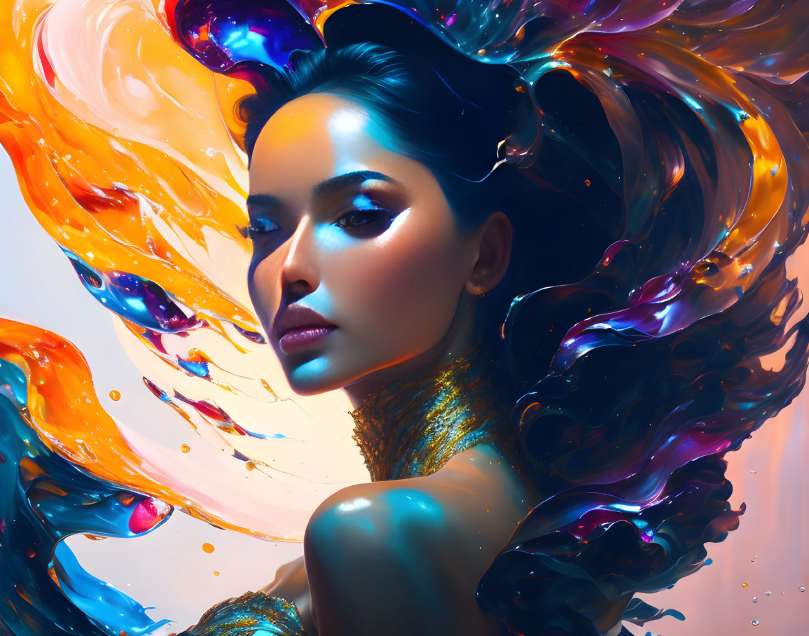 Colorful Liquid Art Surrounding Woman's Head