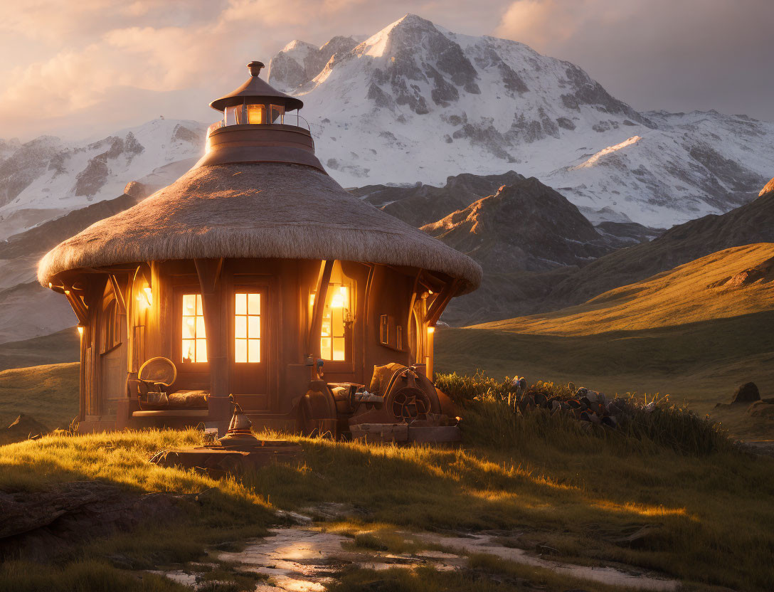 Thatched Roof Hut in Mountain Landscape at Sunset