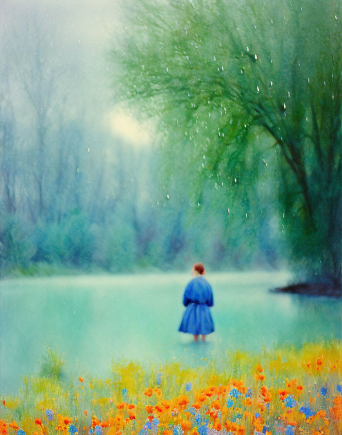 Person in Blue Cloak by Misty Turquoise Lake Surrounded by Vibrant Flowers
