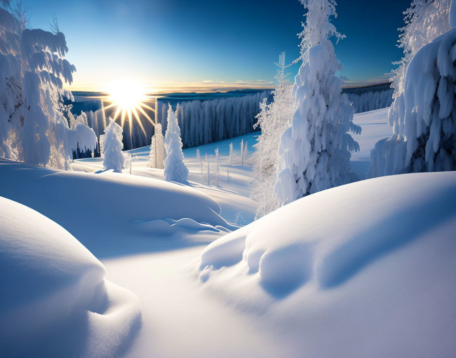 Snowy Landscape at Sunrise with Snow-Covered Trees