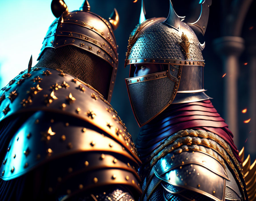 Two medieval knights in ornate armor standing together, one facing forward.