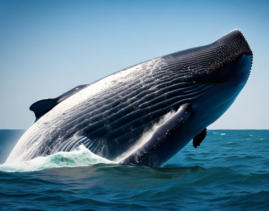 Humpback whale breaching with open mouth in deep blue ocean