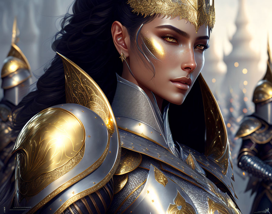Dark-haired woman in regal silver-and-gold armor and crown