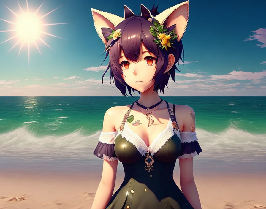 Cute anime girl at the beach