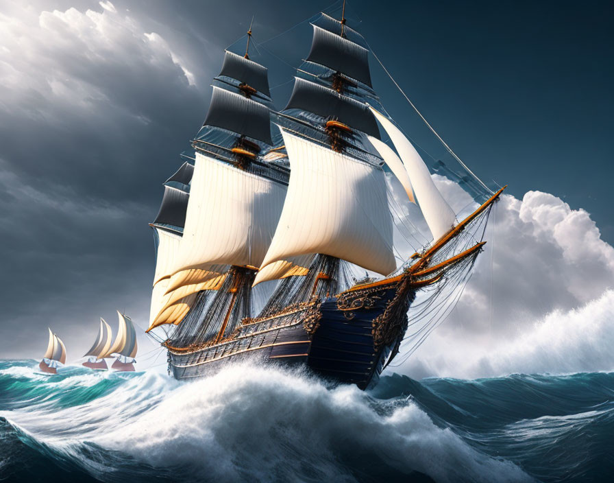Tall ship sailing through stormy waves with distant vessels and dramatic sky