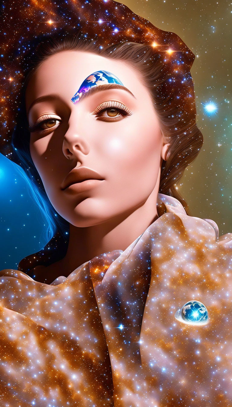 Digital art portrait of woman with galaxy-themed makeup and attire against cosmic backdrop.