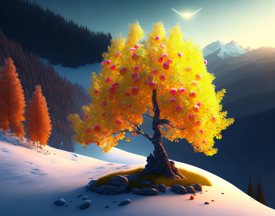 Yellow Tree with Red Fruit in Snowy Hillside and Autumn Forest Twilight