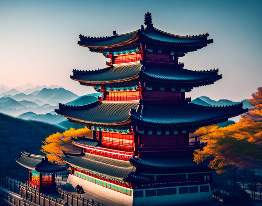 East Asian Pagoda in Autumn Foliage with Mountain Sunset
