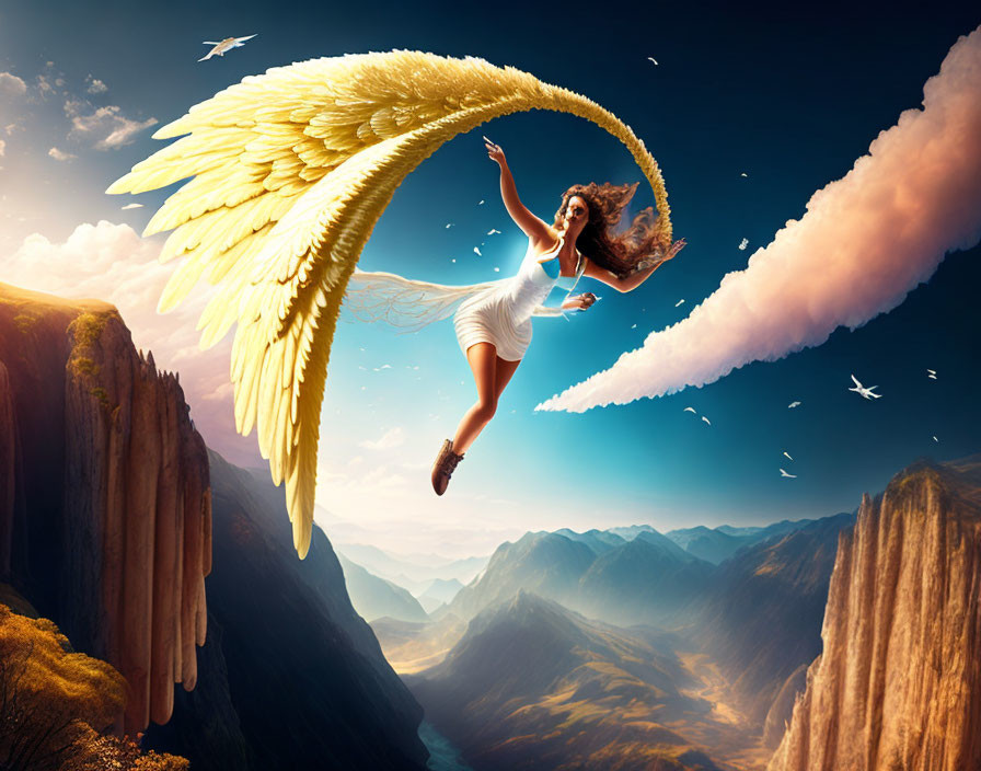 Person with Angelic Wings Soaring Over Mountain Landscape