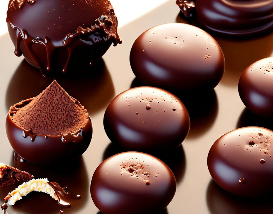 Assorted glossy chocolates with creamy fillings on brown backdrop.