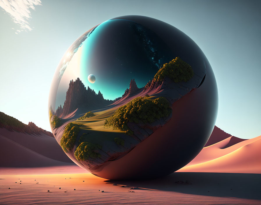 Reflective sphere showing lush green landscape and starry night sky on desert dune