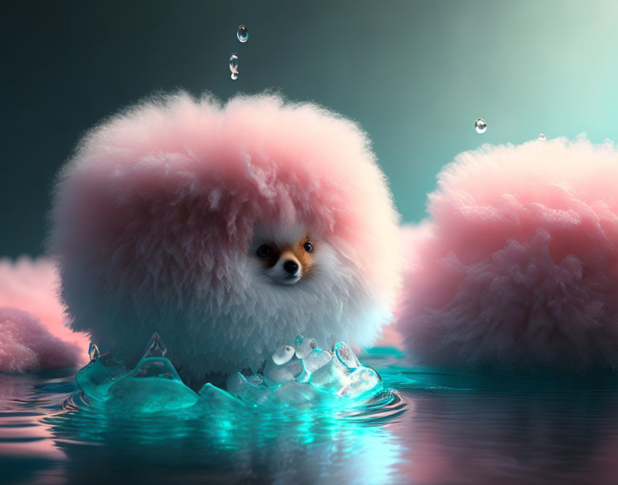 Fluffy Pomeranian emerges from icy waters with cotton candy clouds on teal background
