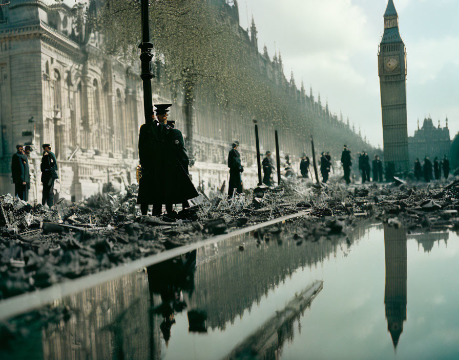 Policeman near rubble reflection with Big Ben and Parliament.