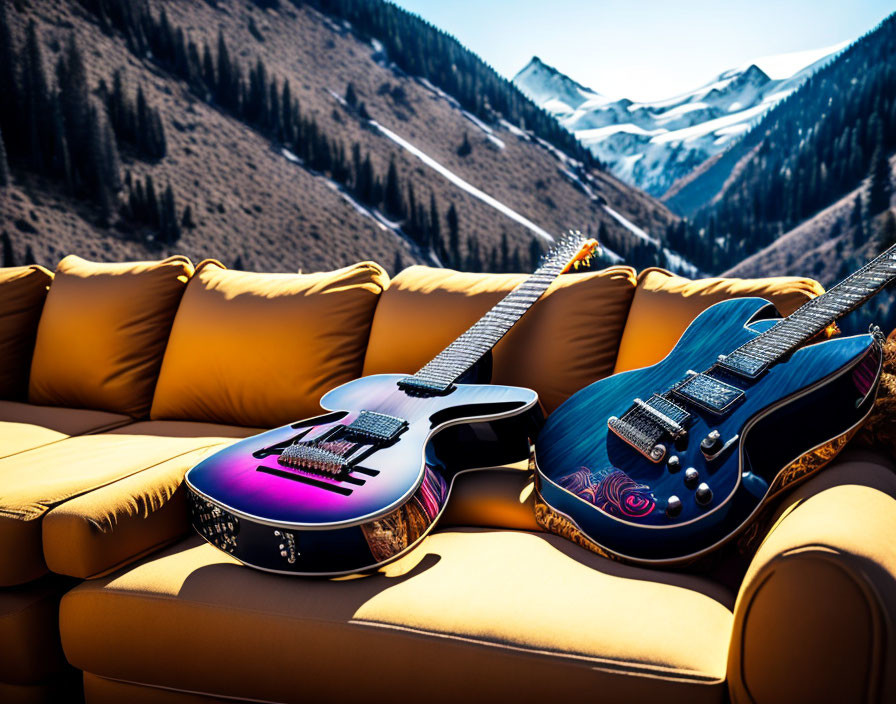Electric Guitars on Outdoor Sofa with Snowy Mountain Backdrop
