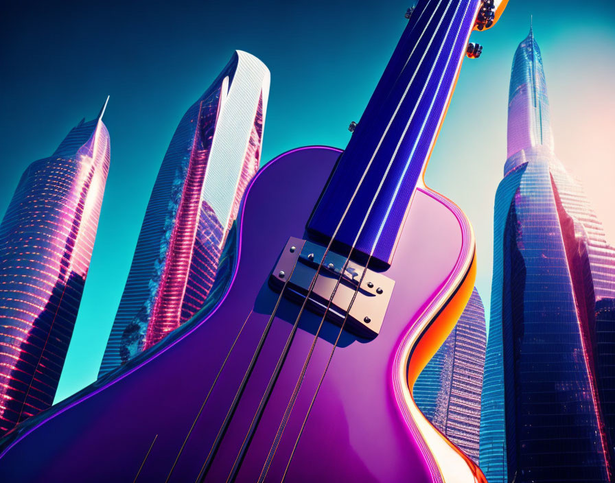 Surreal image of giant purple bass guitar and modern skyscrapers against teal and magenta sky