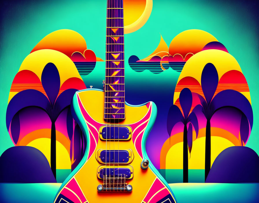 Colorful Guitar Illustration with Psychedelic Landscape