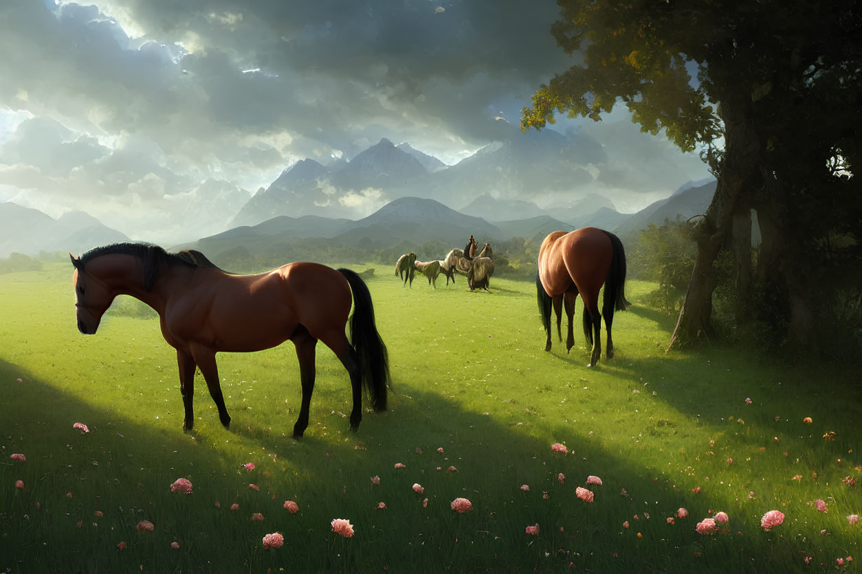 Tranquil scene of horses grazing in lush meadow with pink flowers and mountains under softly lit sky
