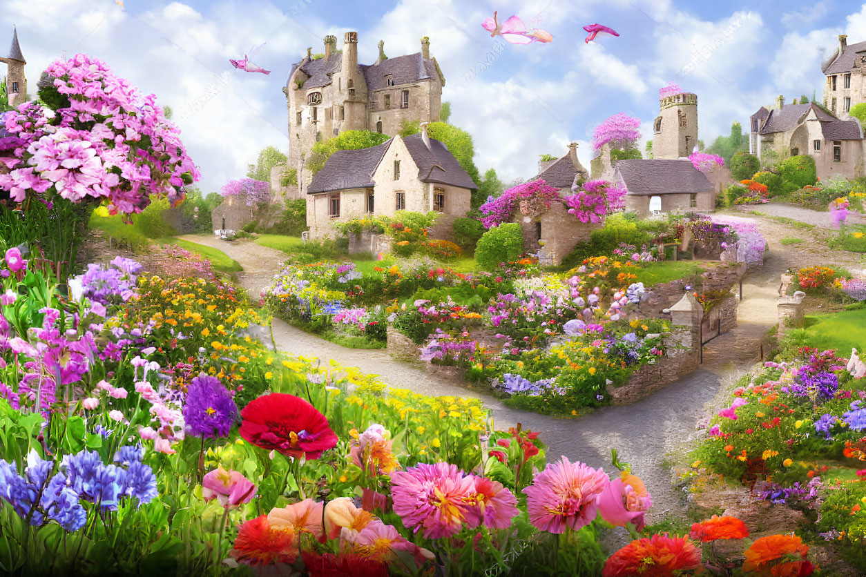 Colorful Garden with Flowers & Stone Houses under Clear Sky
