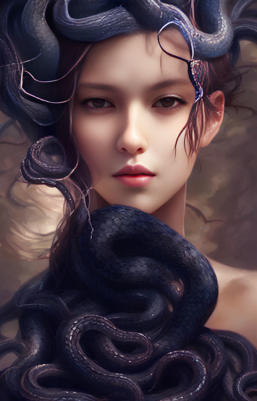Woman portrait with snakes in her hair and intense gaze