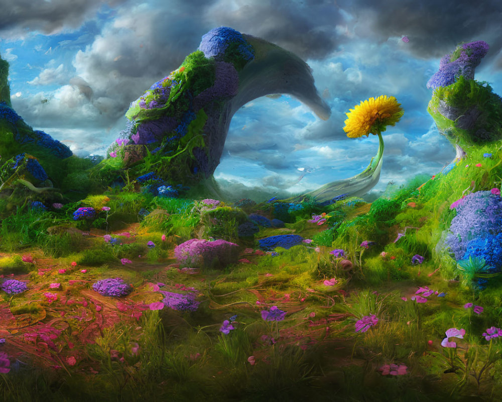 Colorful landscape with oversized dandelion and whimsical rock formations