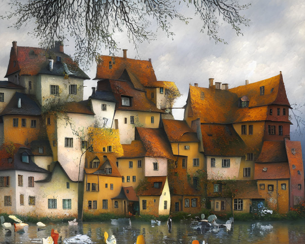 Colorful Houses by River with Swans and Autumn Tree in Warm Light