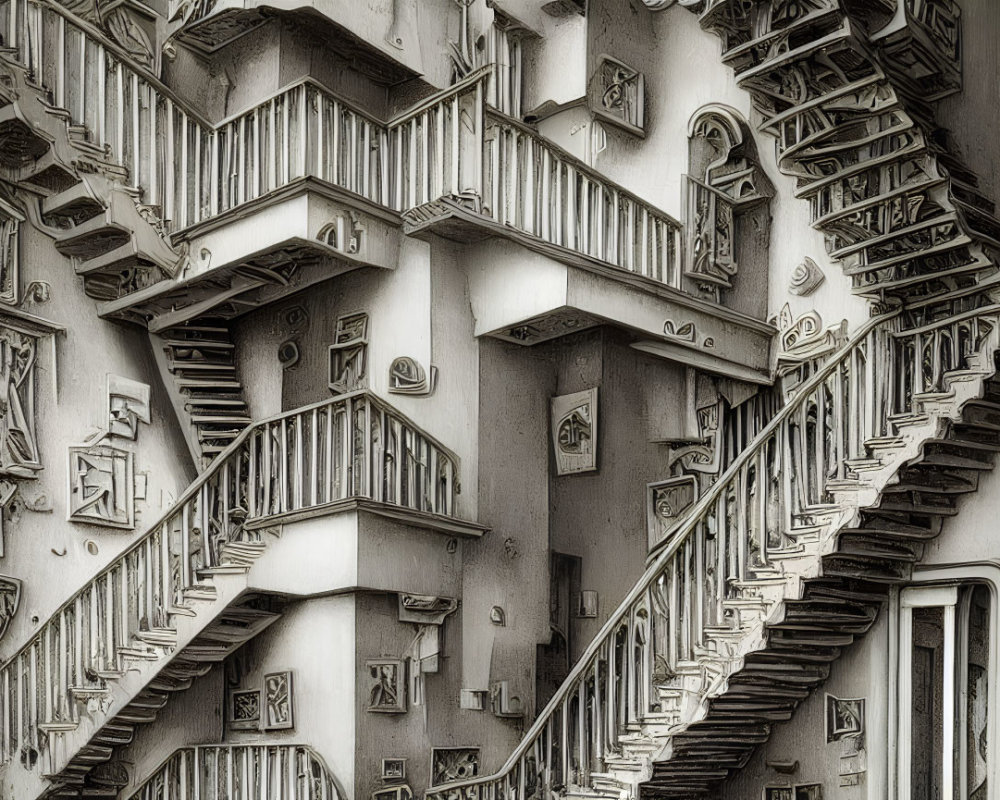 Monochrome photo: Intricate outdoor spiral staircases on building