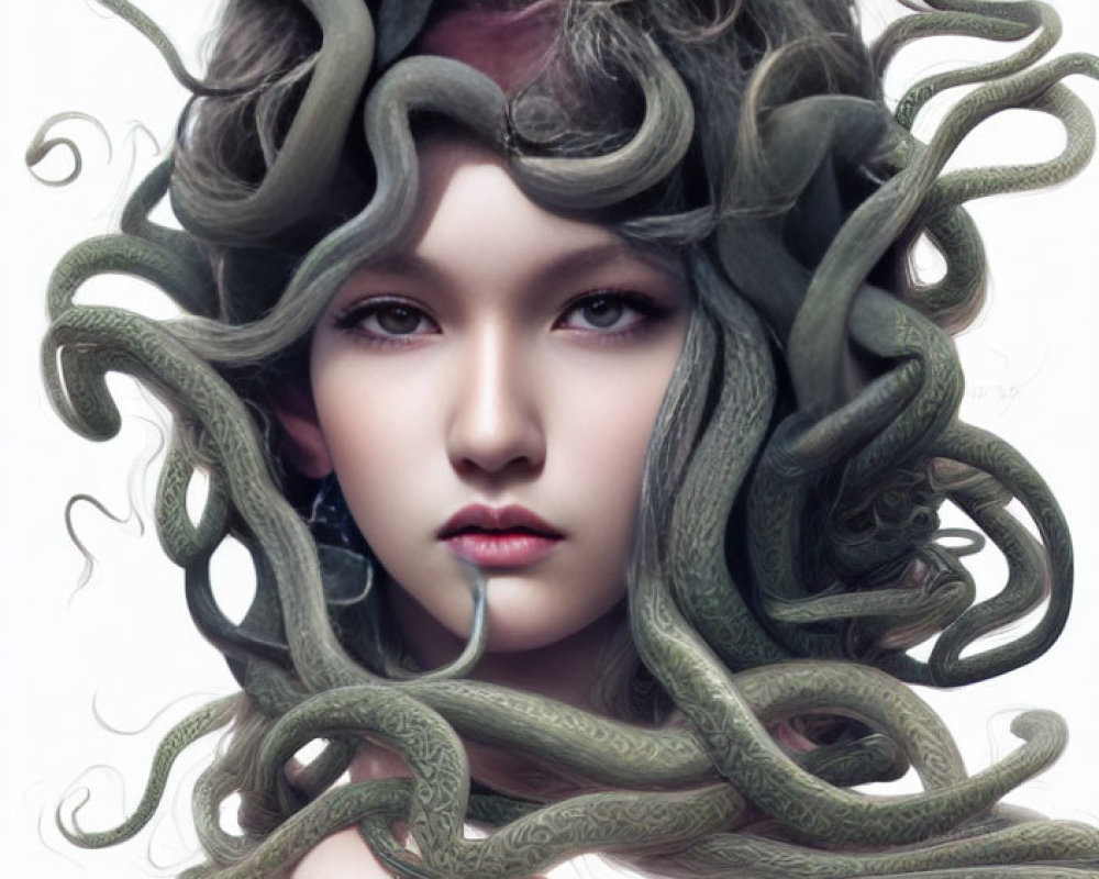 Portrait of woman with serpent-like hair, pale skin, and captivating eyes