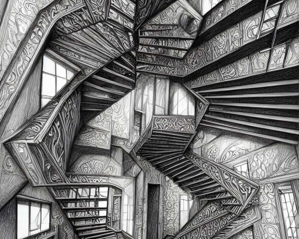 Detailed Black and White Sketch of Surreal Escher-Like Staircase