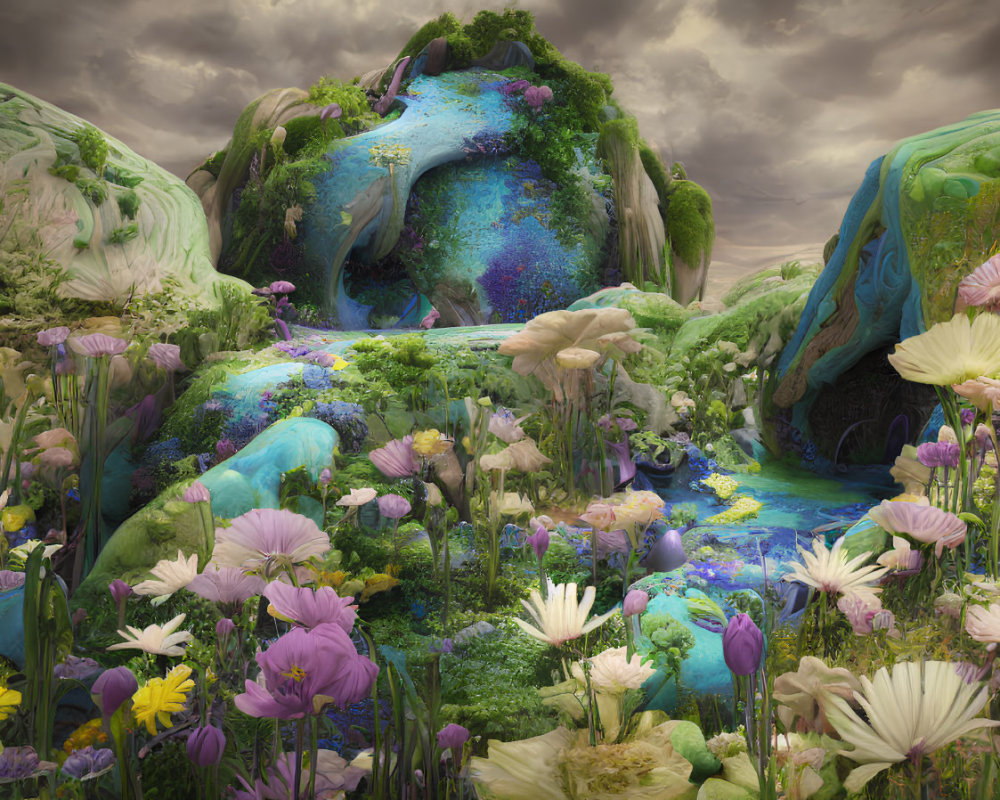 Vibrant fantasy landscape with colorful flora, waterfall, and moss-covered rocks