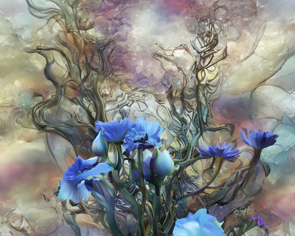 Ethereal artwork: Blue flower bouquet in pastel swirls