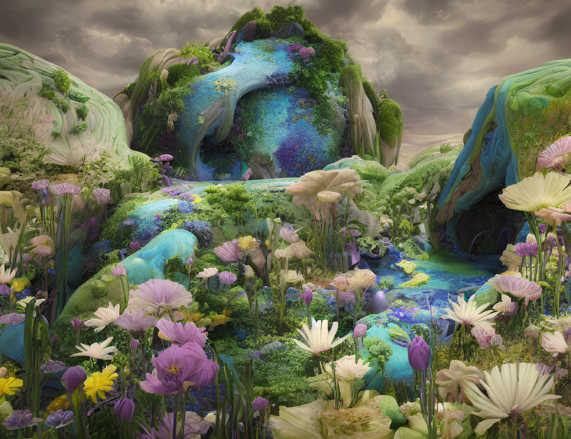 Vibrant fantasy landscape with colorful flora, waterfall, and moss-covered rocks